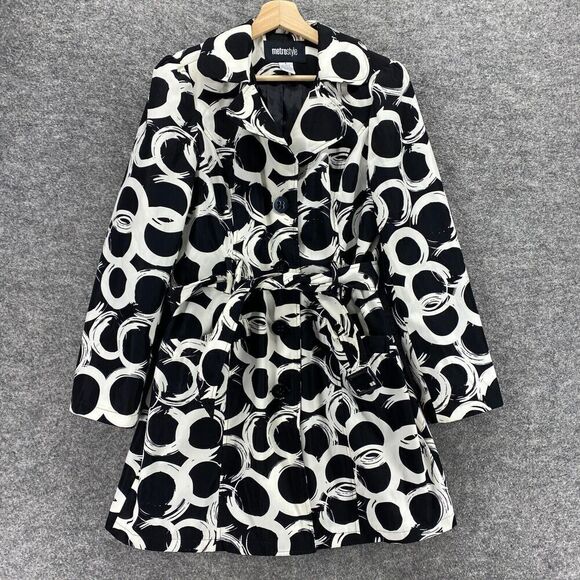 MetroStyle Coat Women 8 Black Geometric Collared Belted Long Sleeve Button Lined - Picture 1 of 8